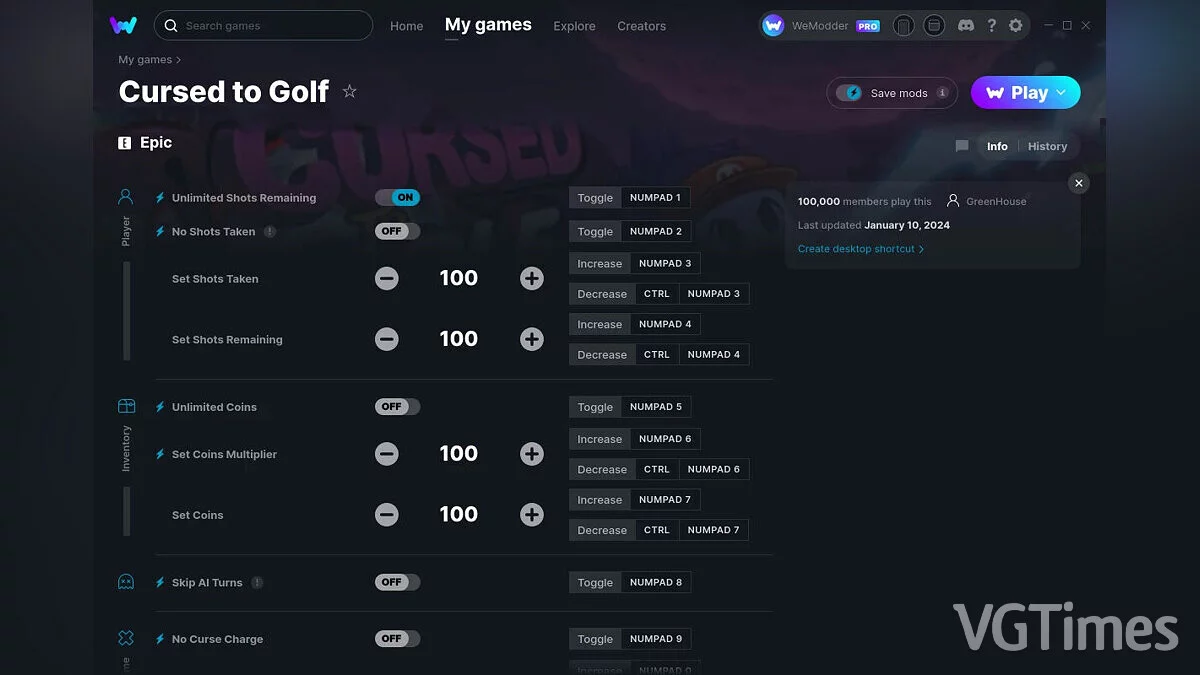 Cursed To Golf — Трейнер (+12) от 10.01.2024 [WeMod]