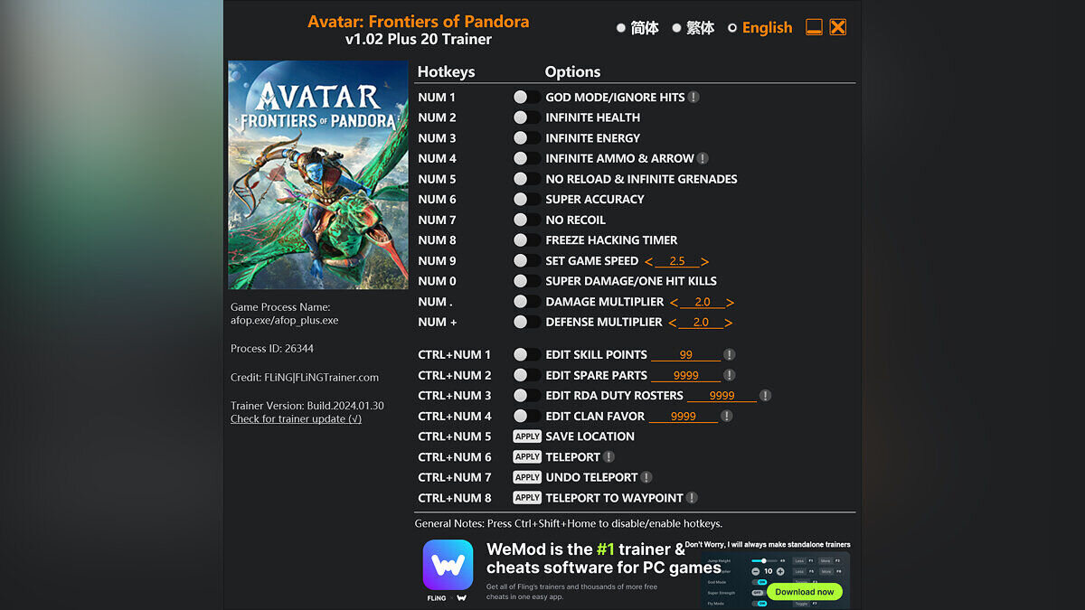 Avatar: Frontiers of Pandora — Трейнер (+20) [1.02]