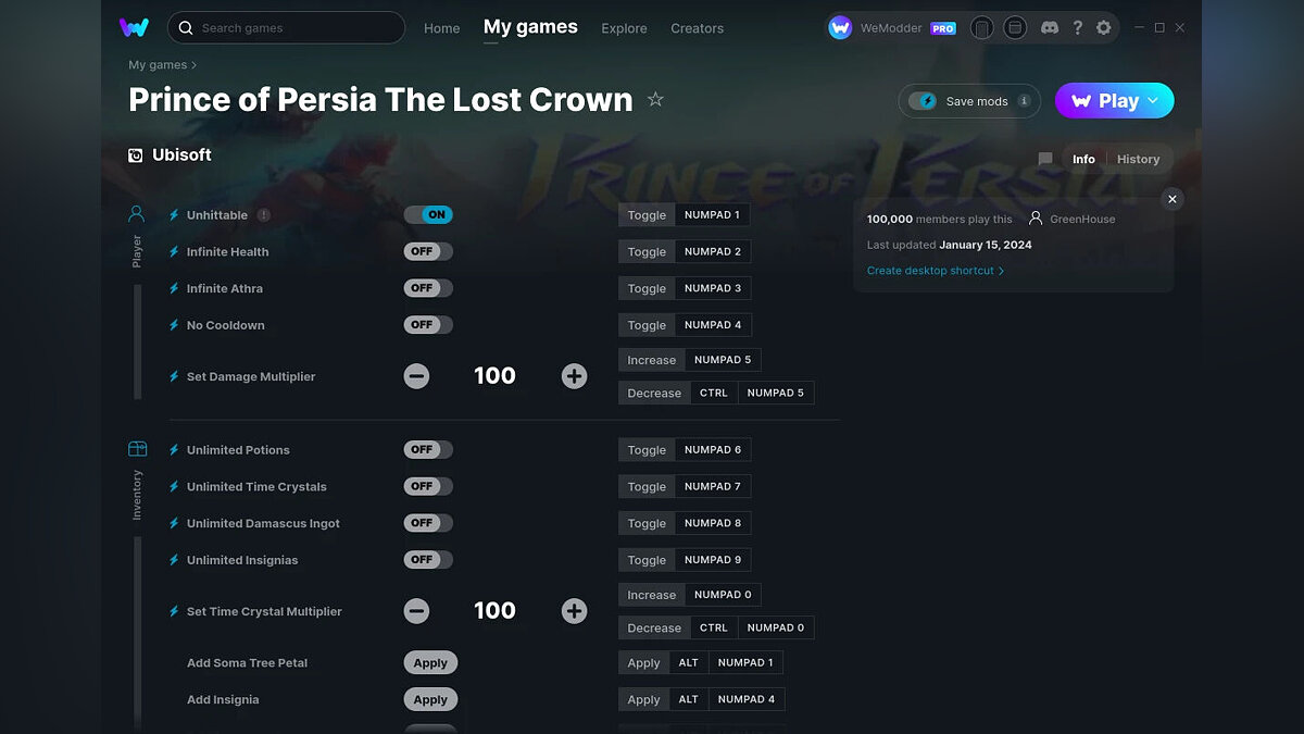 Prince of Persia The Lost Crown — Трейнер (+20) от 15.01.2024 [WeMod]