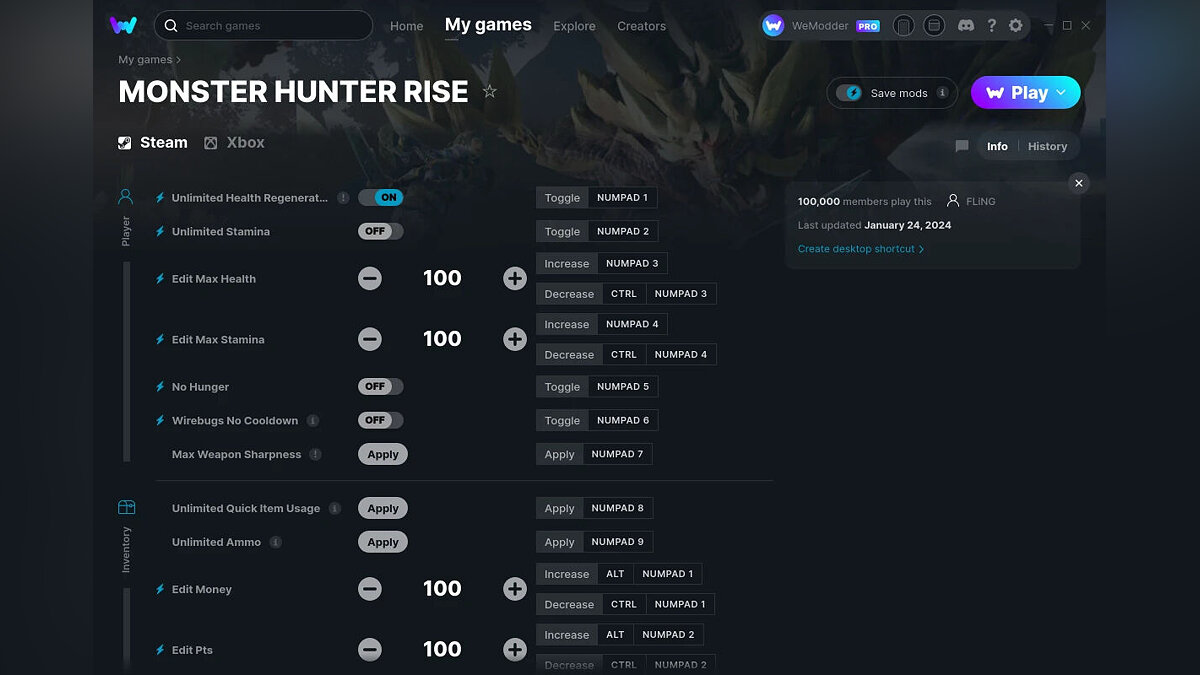 Monster Hunter Rise — Трейнер (+20) от 24.01.2024 [WeMod]