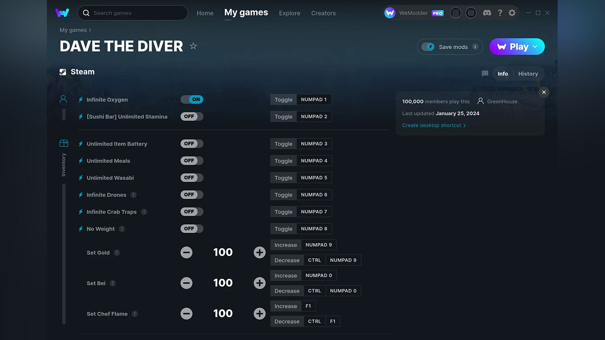 Dave the Diver — Трейнер (+25) от 25.01.2024 [WeMod]