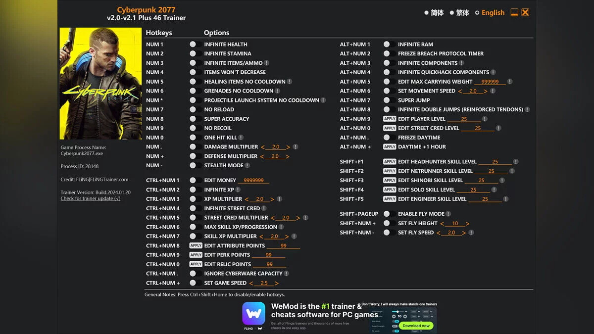 Cyberpunk 2077 — Трейнер (+46) [1.03 - 2.1]