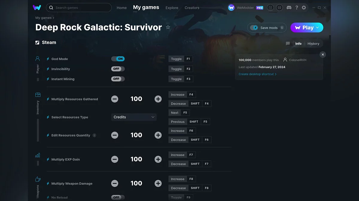 Deep Rock Galactic: Survivor — Трейнер (+14) от 27.02.2024 [WeMod]