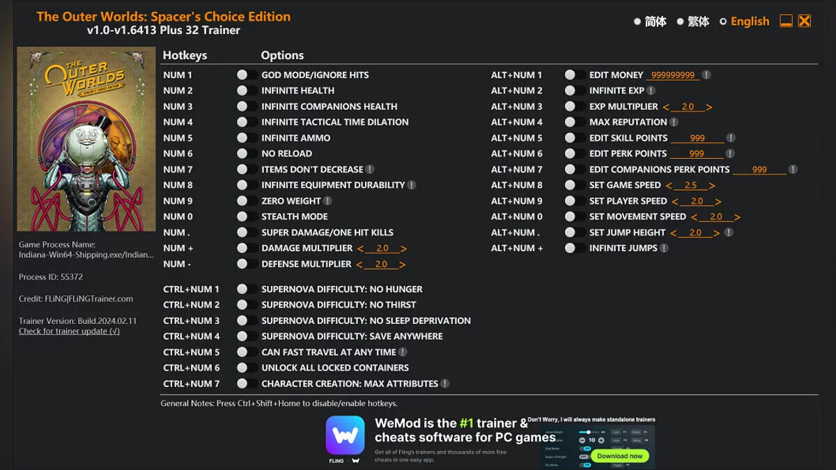 The Outer Worlds: Spacer&#039;s Choice Edition — Трейнер (+32) [1.0 - 1.6413]