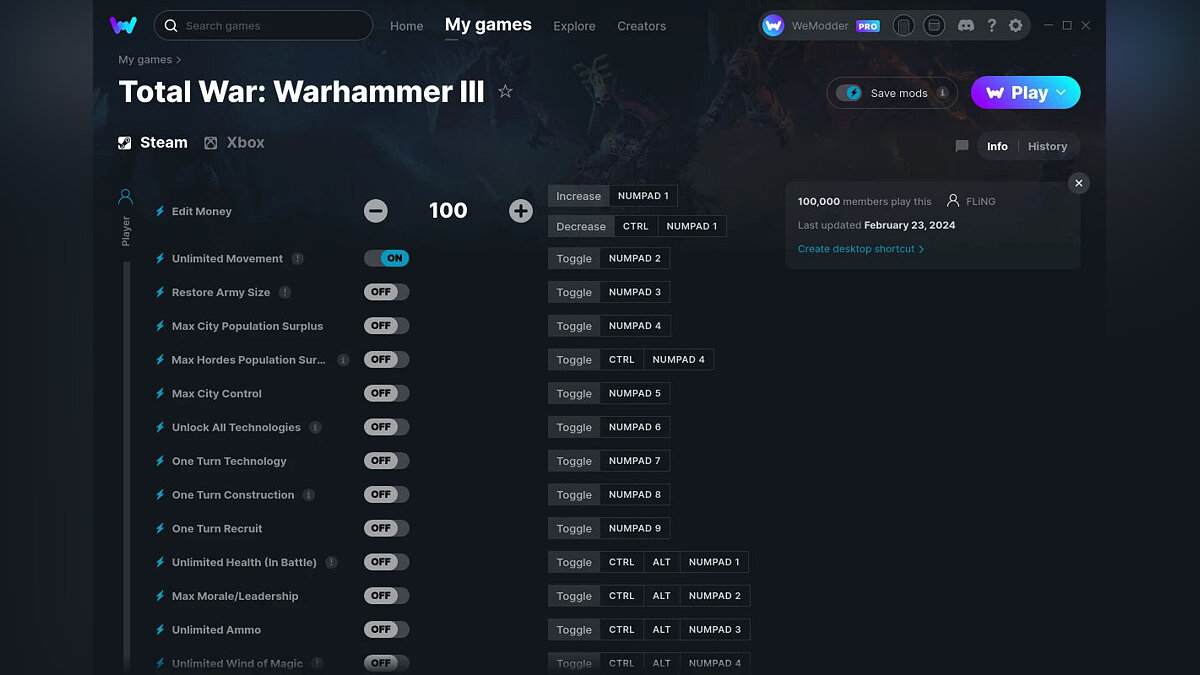 Total War: Warhammer 3 — Трейнер (+37) от 24.02.2024 [WeMod]