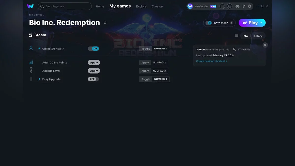 Bio Inc. Redemption — Трейнер (+4) от 15.02.2024 [WeMod]