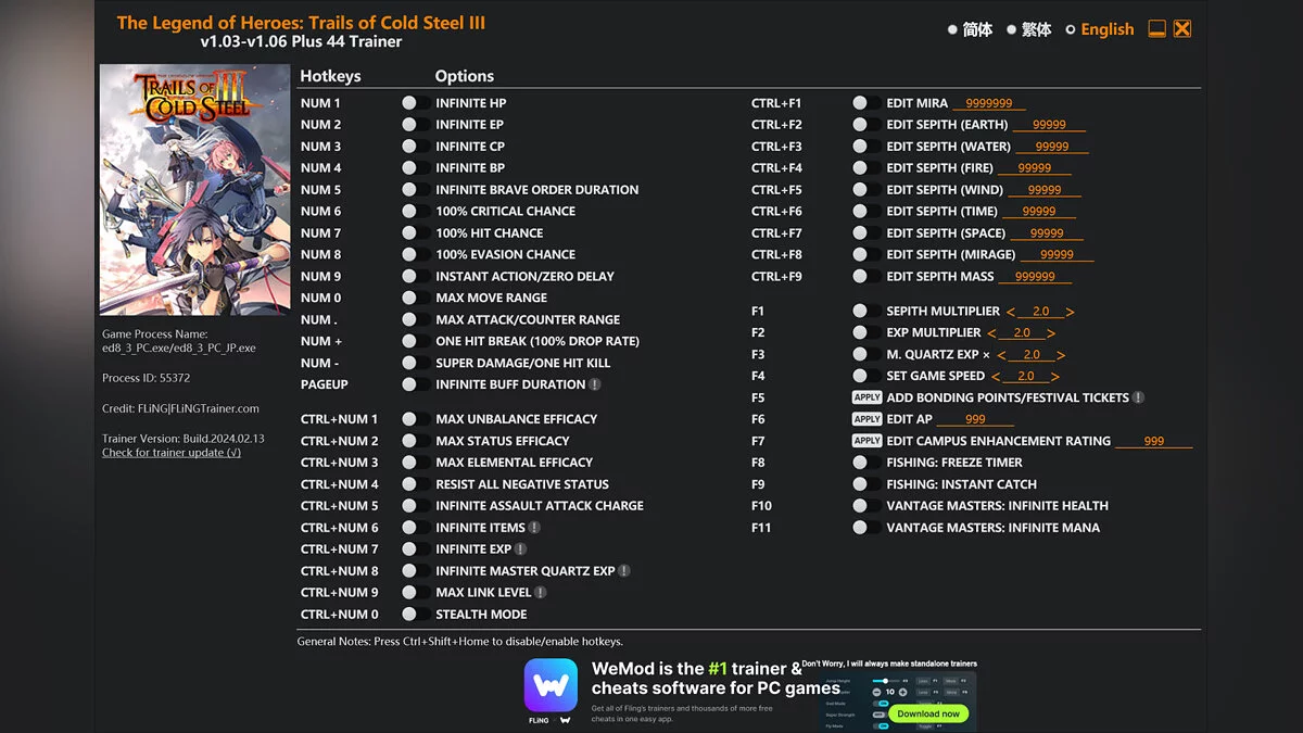 The Legend of Heroes: Trails of Cold Steel 3 — Трейнер (+44) [1.03 - 1.06]