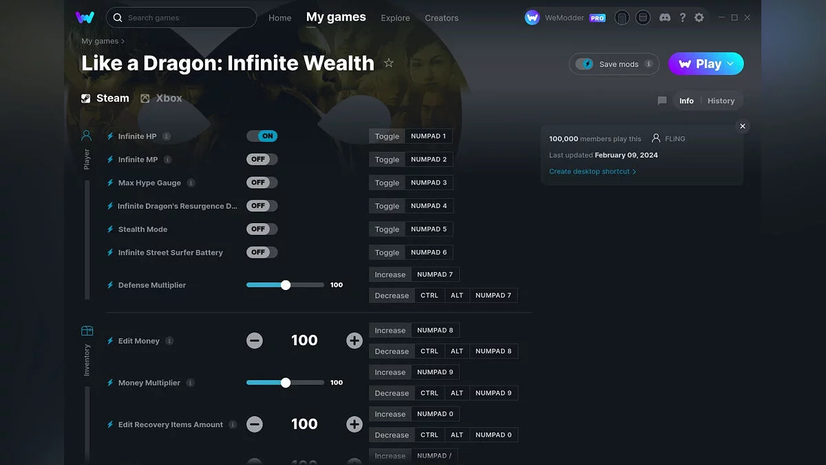 Like a Dragon: Infinite Wealth — Трейнер (+64) от 09.02.2024 [WeMod]