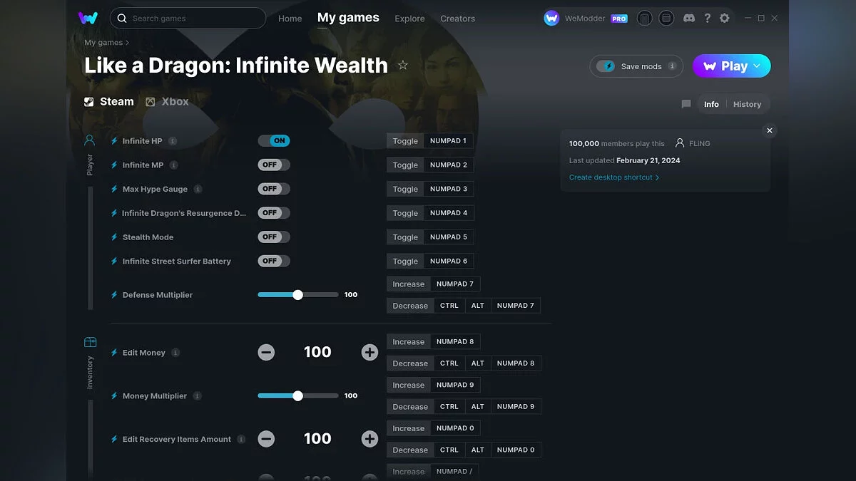 Like a Dragon: Infinite Wealth — Трейнер (+64) от 21.02.2024 [WeMod]