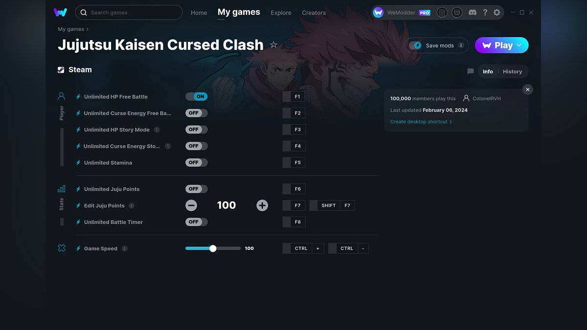 Jujutsu Kaisen Cursed Clash — Трейнер (+9) от 06.02.2024 [WeMod]
