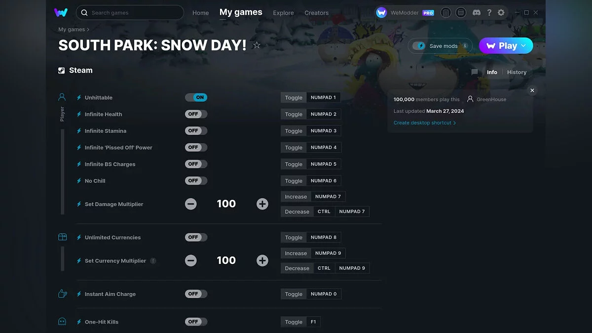 South Park: Snow Day! — Трейнер (+14) от 27.03.2024 [WeMod]