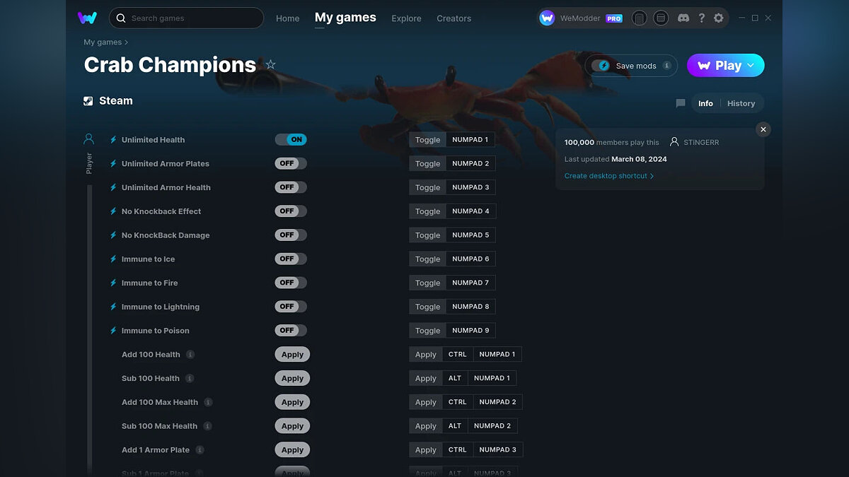 Crab Champions — Трейнер (+30) от 08.03.2024 [WeMod]
