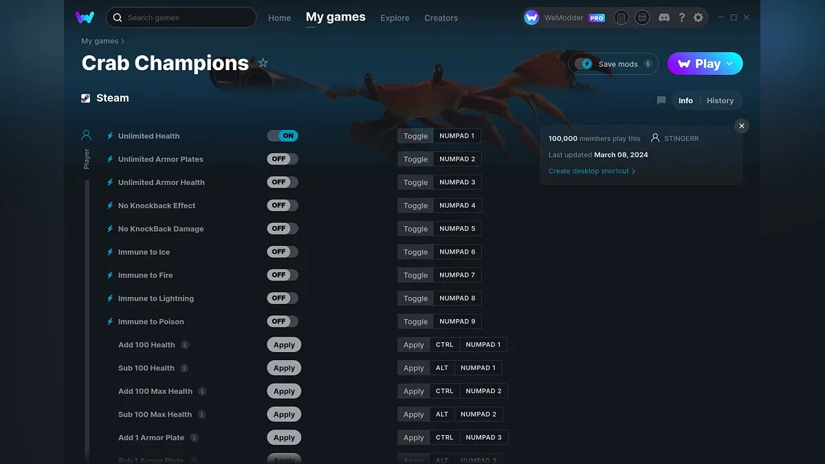 Crab Champions — Трейнер (+30) от 08.03.2024 [WeMod]