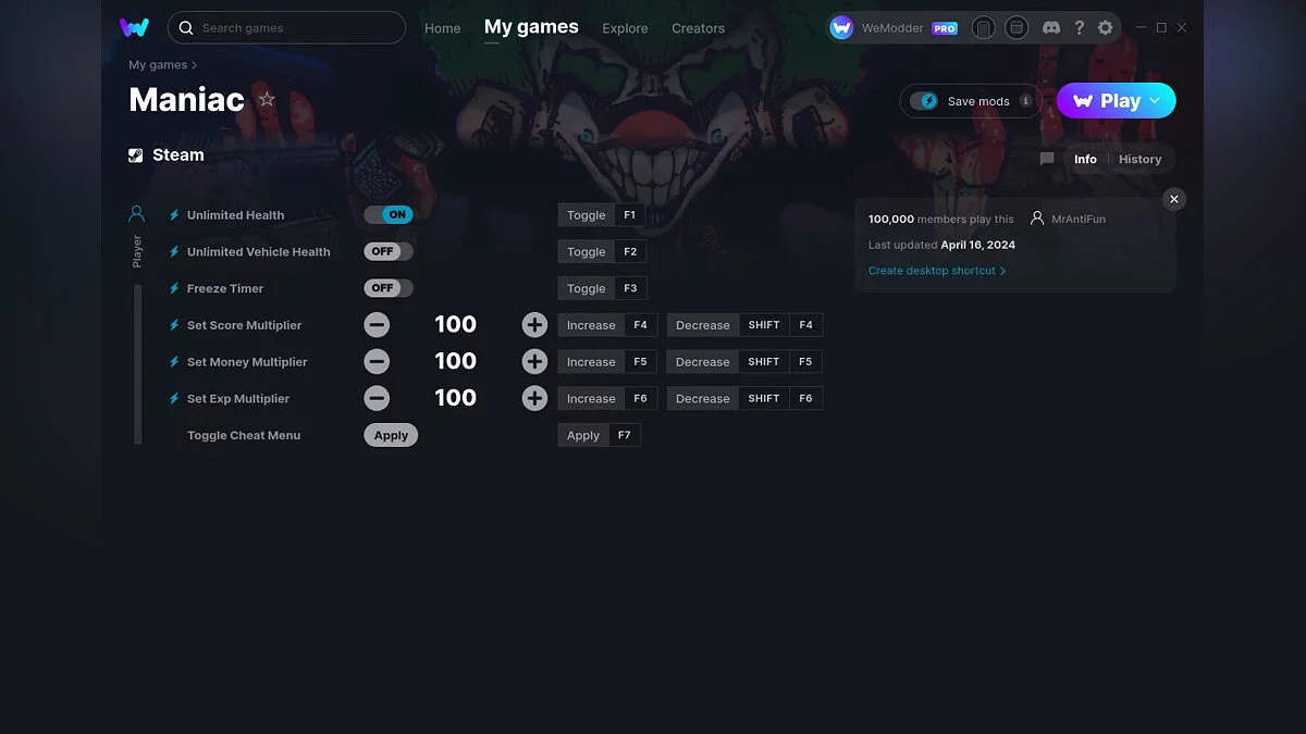 Maniac — Трейнер (+7) от 16.04.2024 [WeMod]