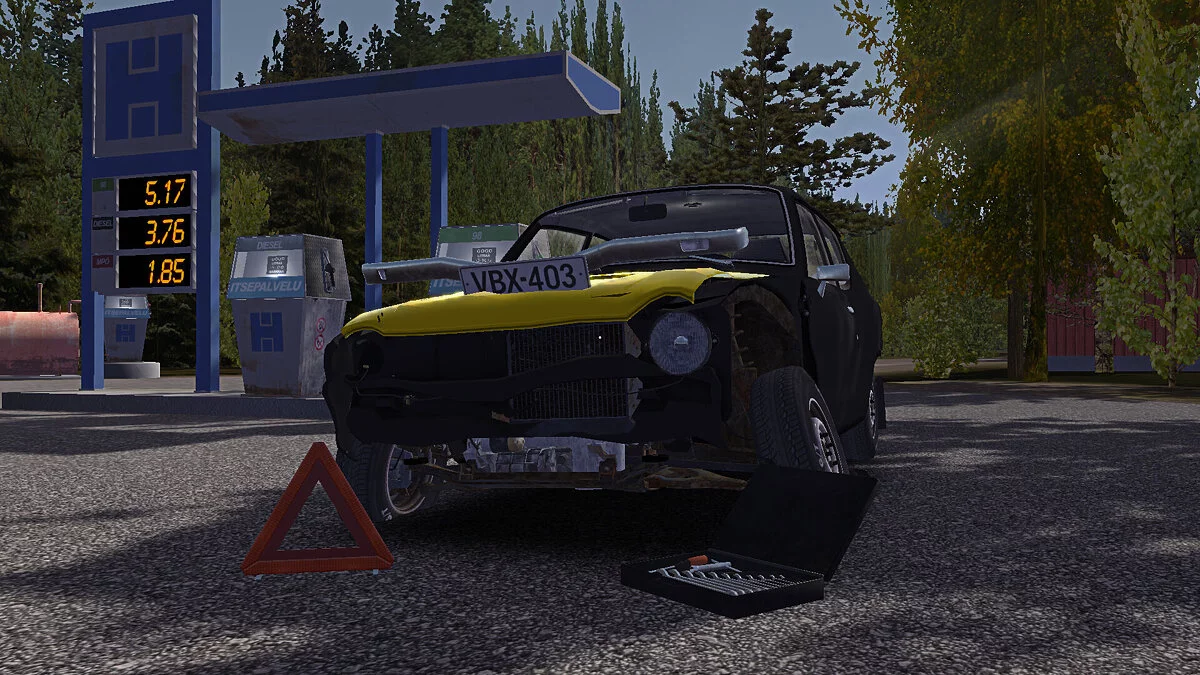 My Summer Car — Satsuma после аварии, двигатель стоковый, кузов помятый, 19506 марок на счету