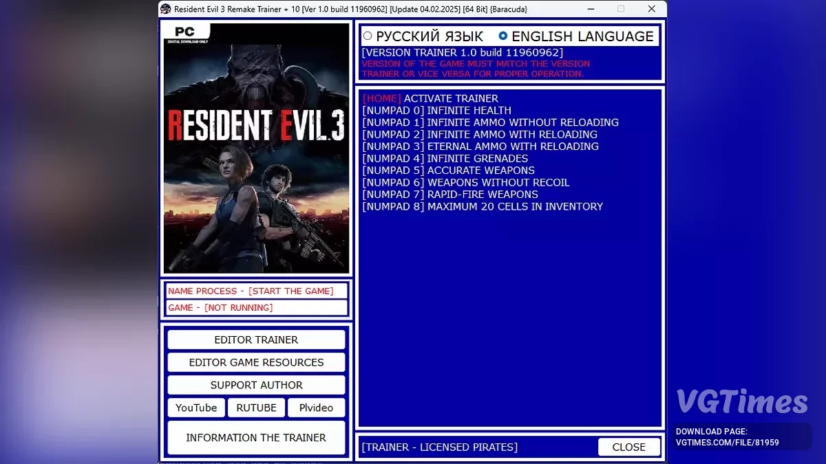 Resident Evil 3 — Трейнер (+10) [Ver 1.0 build 11960962 / Update 04.02.2025]