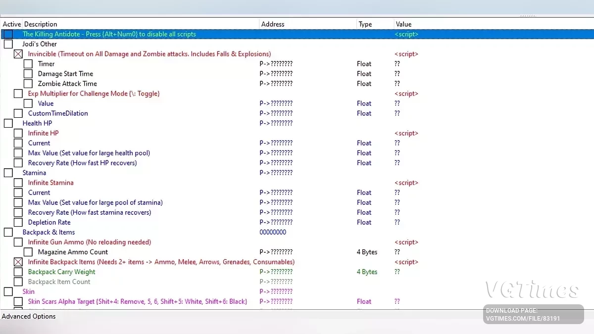 The Killing Antidote — Таблица для Cheat Engine [UPD: 06.05.2025]