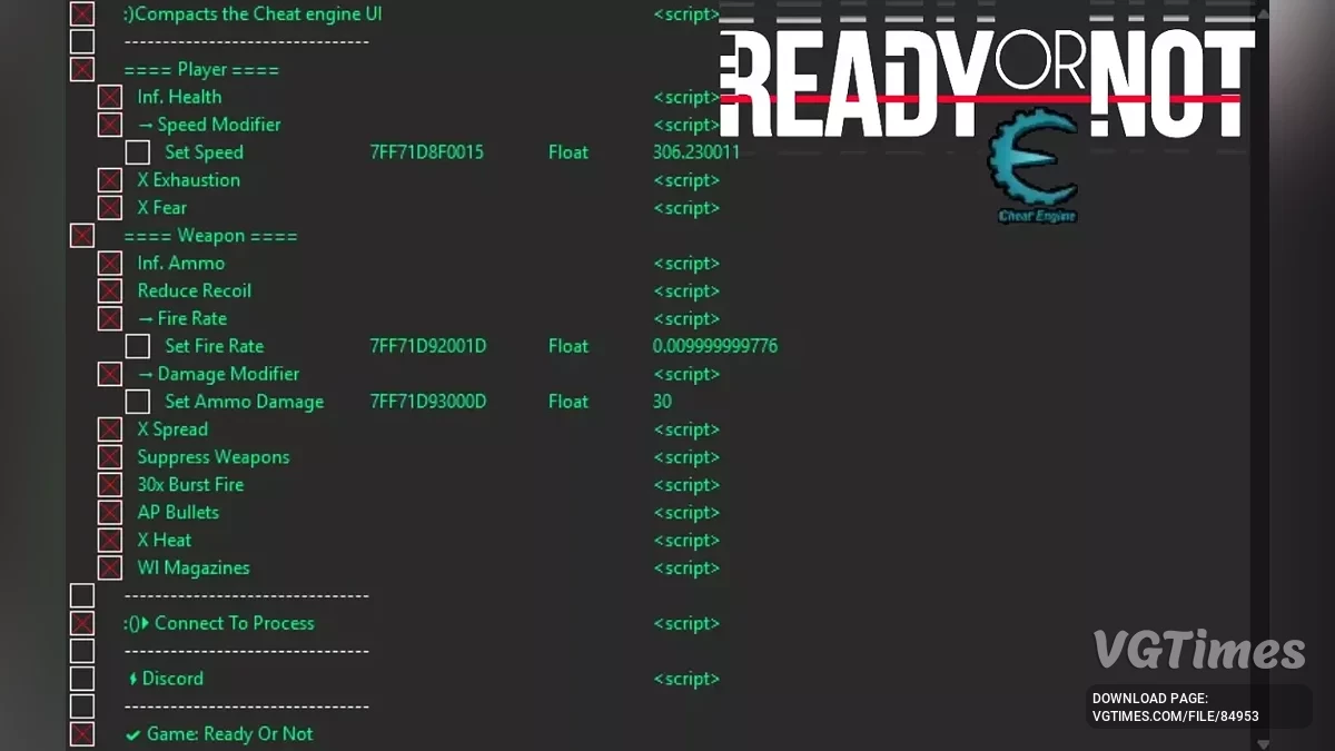 Ready or Not — Таблица для Cheat Engine [UPD: 30.06.2025]