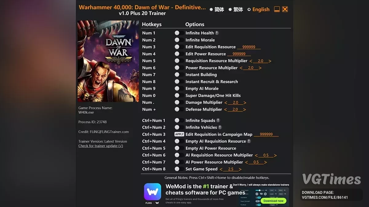 Warhammer 40,000: Dawn of War - Definitive Edition — Трейнер (+20) [1.0]