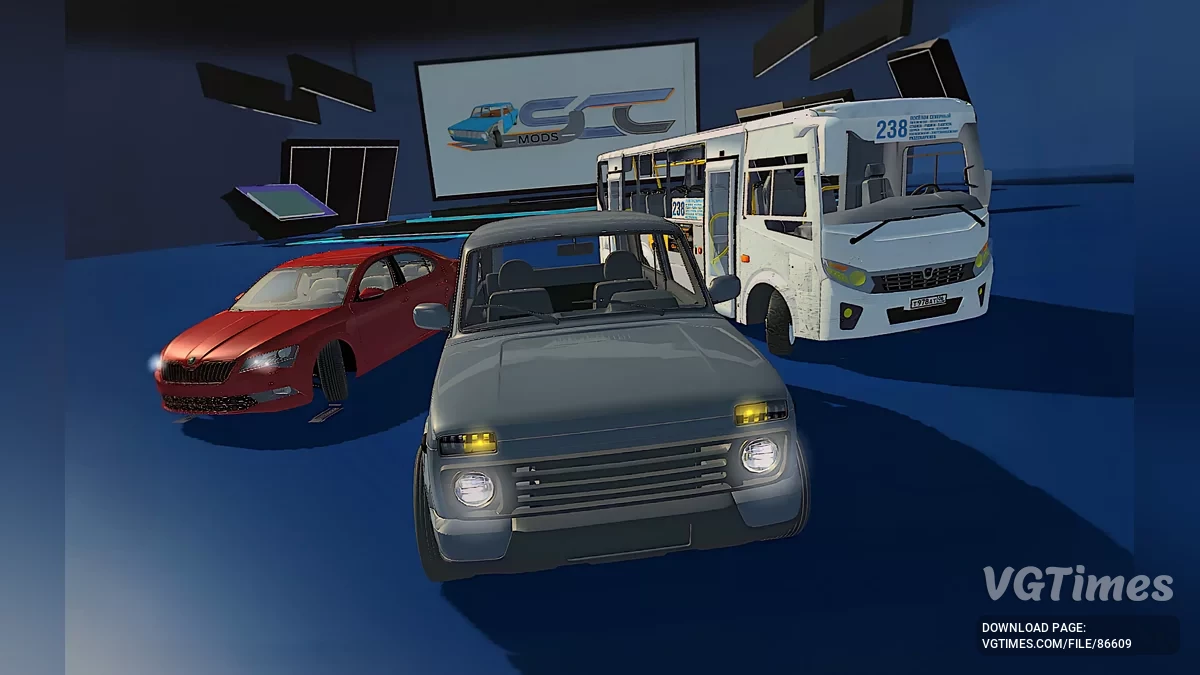 Simple Car Crash Physics Sim — Сцена-подиум с заставкой (фоном) тематически отредактированного логотипа SCC