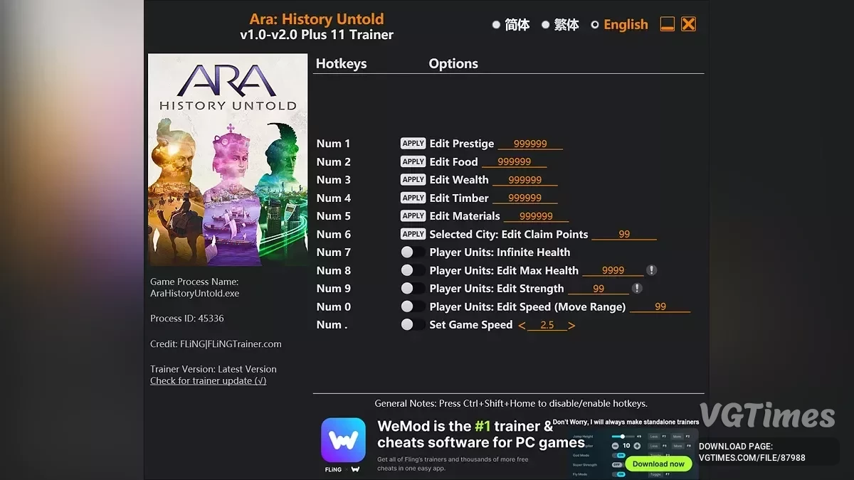 Ara: History Untold — Трейнер (+11) [1.0 - 2.0]