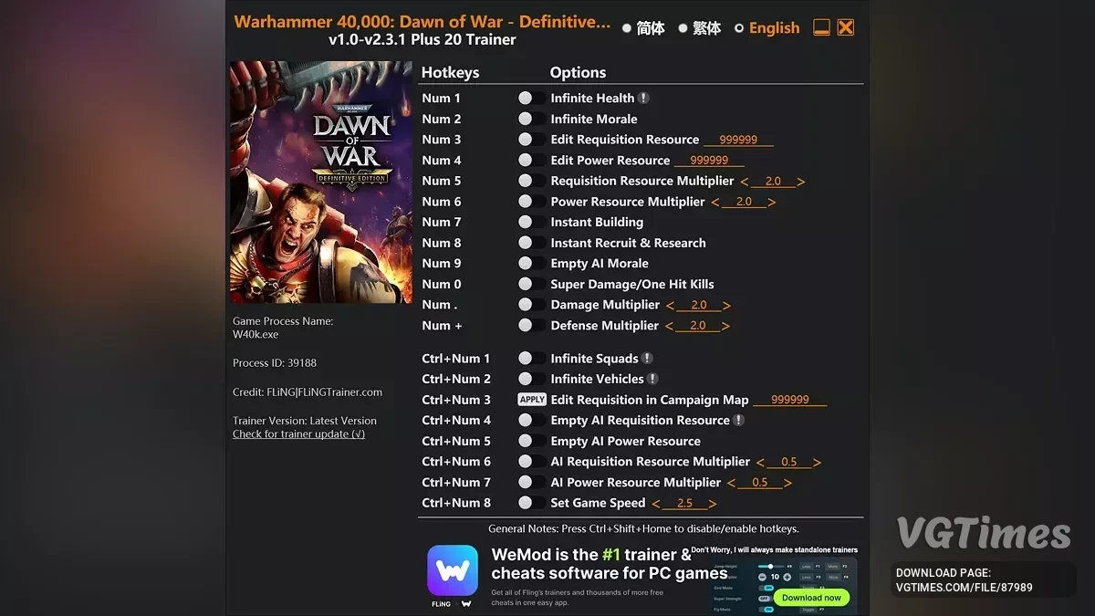 Warhammer 40,000: Dawn of War - Definitive Edition — Трейнер (+20) [1.0 - 2.3.1]