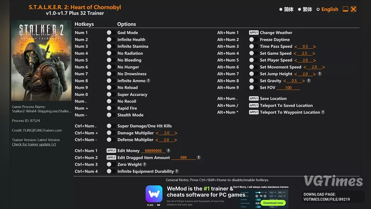 S.T.A.L.K.E.R. 2: Heart of Chornobyl — Trainer (+32) [1.0 - 1.7]