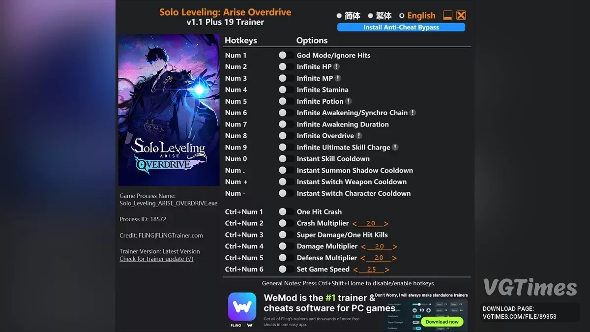 Solo Leveling: ARISE OVERDRIVE — Трейнер (+19) [1.1]