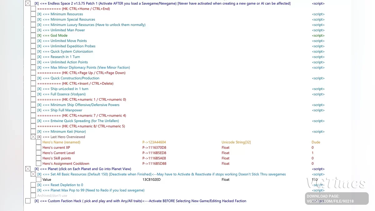 Таблица для Cheat Engine [1.5.75]