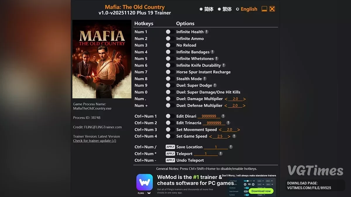 Mafia: The Old Country — Трейнер (+19) [1.0 - UPD: 20.11.2025]