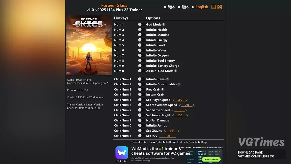 Forever Skies — Трейнер (+22) [1.0 - UPD: 24.11.2025]
