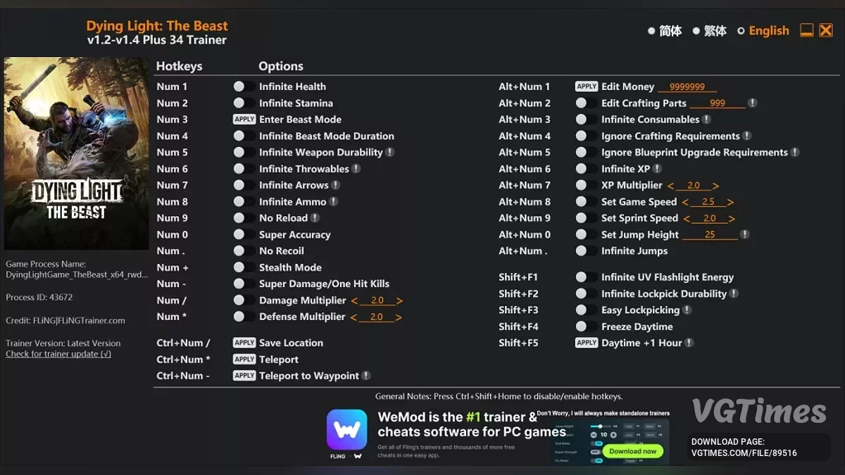 Dying Light: The Beast — Трейнер (+34) [1.2 - 1.4]