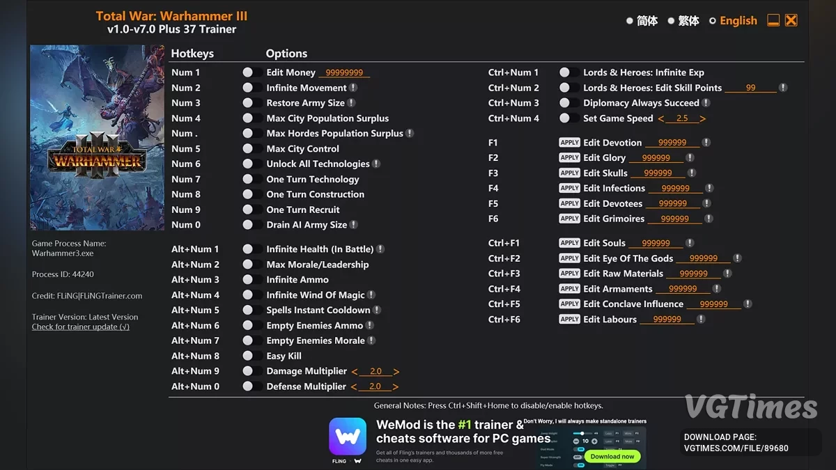 Total War: Warhammer 3 — Трейнер (+37) [1.0 - 7.0]