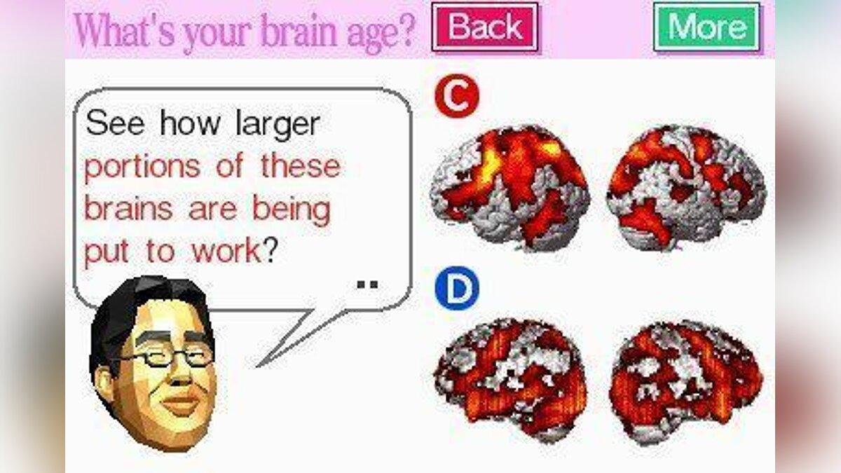 Brains down. Brain age Nintendo. Dr Kawashima's Brain Training. Your Brain age: 89. Big Brain Academy: Brain vs. Brain.