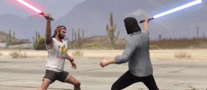 Тревор и Майкл из GTA 5 решили свой спор на световых мечах