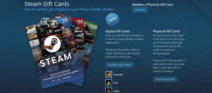 В Steam добавили подарочные карты