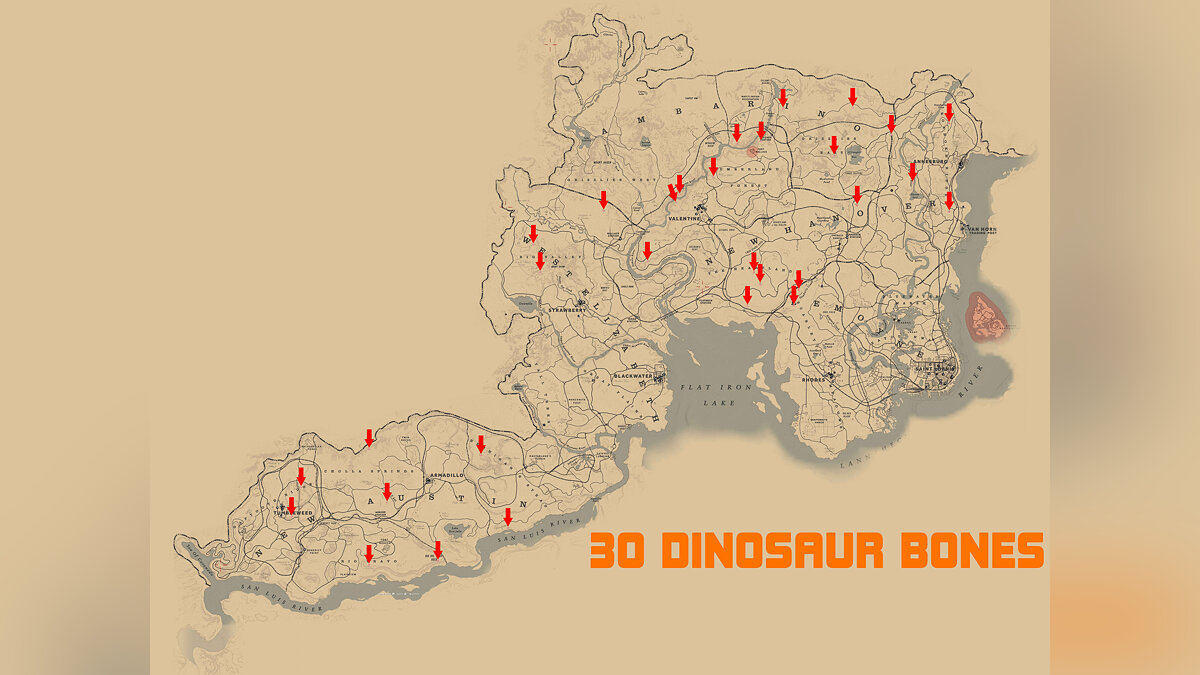 Где найти 30 костей динозавров (Dinosaur Bones) в Red Dead Redemption 2 —  гайд (карта и описание)