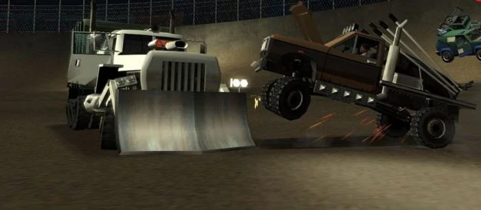 Школьный автобус дерётся с бетономешалкой в моде для GTA San Andreas от русского автора