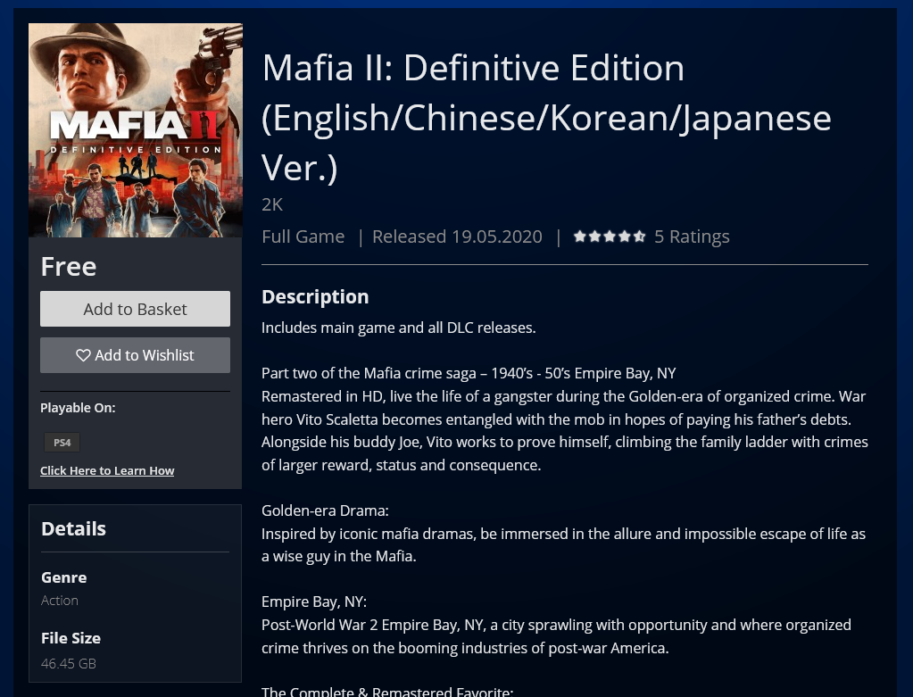 Mafia 2: Definitive Edition стала бесплатной из-за ошибки в PS Store  (обновлено)