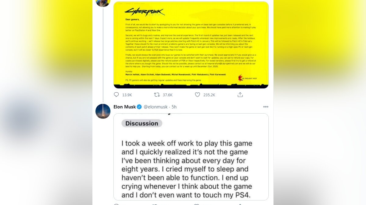 Илон Маск затроллил Cyberpunk 2077 и рассказал, на чем проходит игру и за  какого героя