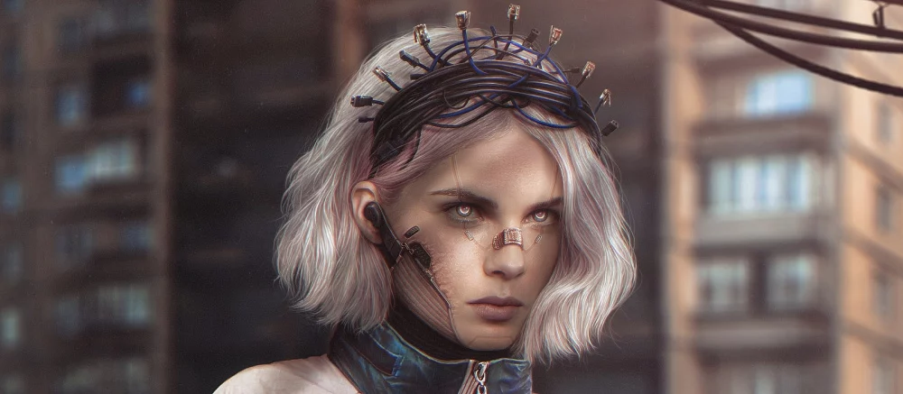 Русский киберпанк: художник показал портрет «Царевны» в венце из сетевых кабелей. Арт засветился в центре Токио