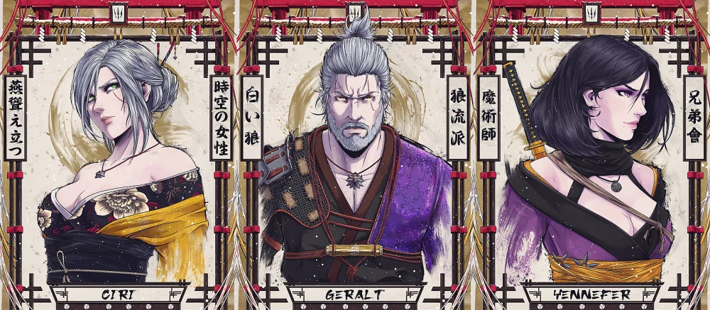 Авторы The Witcher 3 показали крутые фан-арты с японскими Геральтом, Цири и Йен. Время менять обои на телефоне!