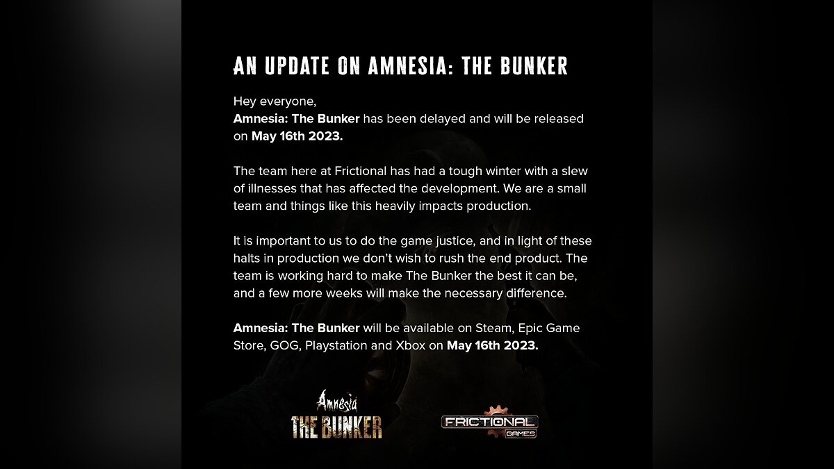 Frictional Games перенесла дату выхода хоррора Amnesia: The Bunker. Все  из-за «тяжелой зимы»