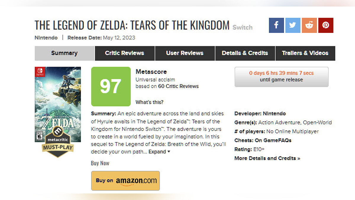 Одна из лучших игр в истории: Tears of the Kingdom получила 97 баллов на  OpenCritic и Metacritic