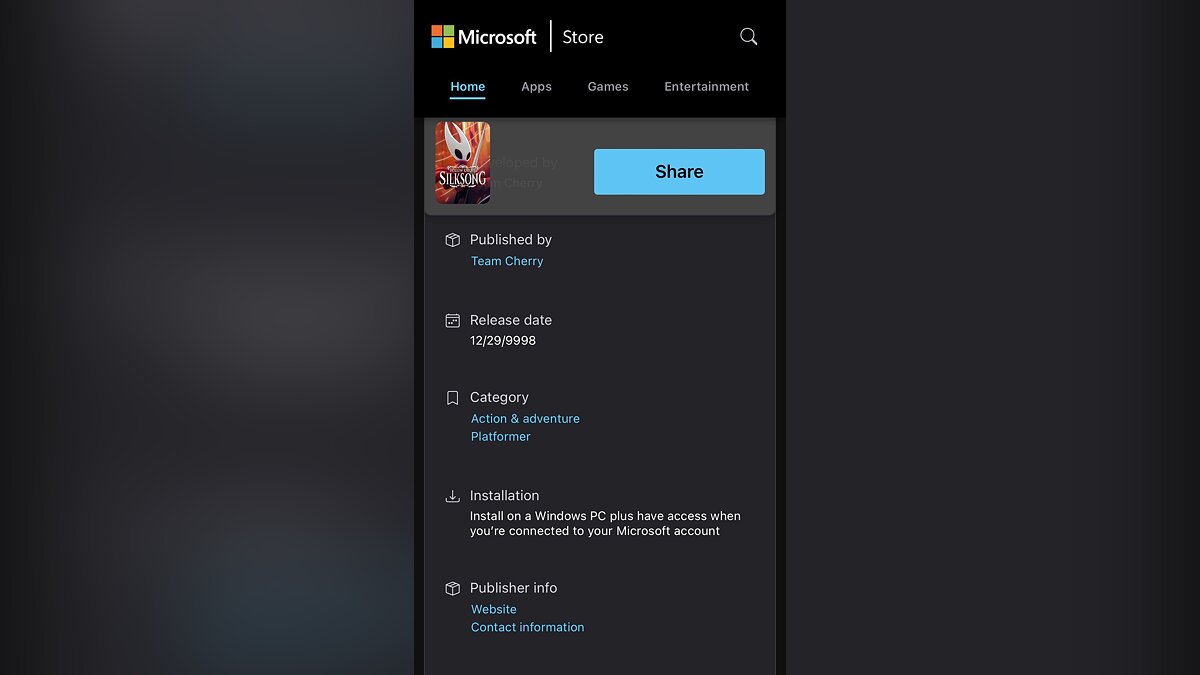 В магазине Microsoft появилась дата выхода Hollow Knight: Silksong — 30  декабря 9998 года