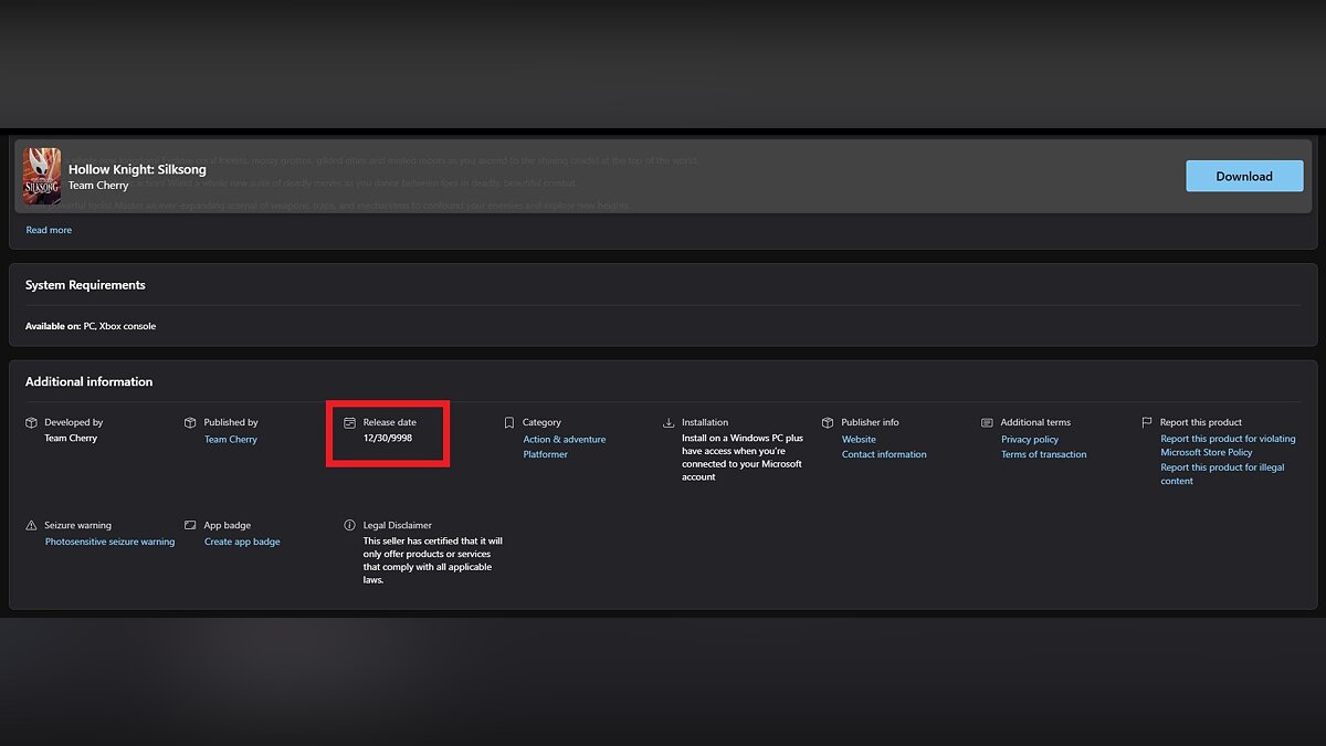 В магазине Microsoft появилась дата выхода Hollow Knight: Silksong — 30  декабря 9998 года