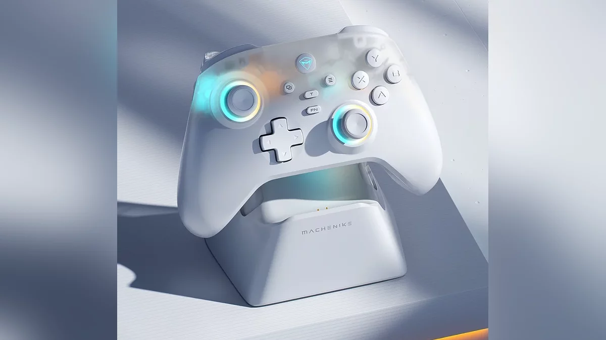 The stylish Mechenike G3 V2 GamePad is presented with RGB lighting and a transparent thing