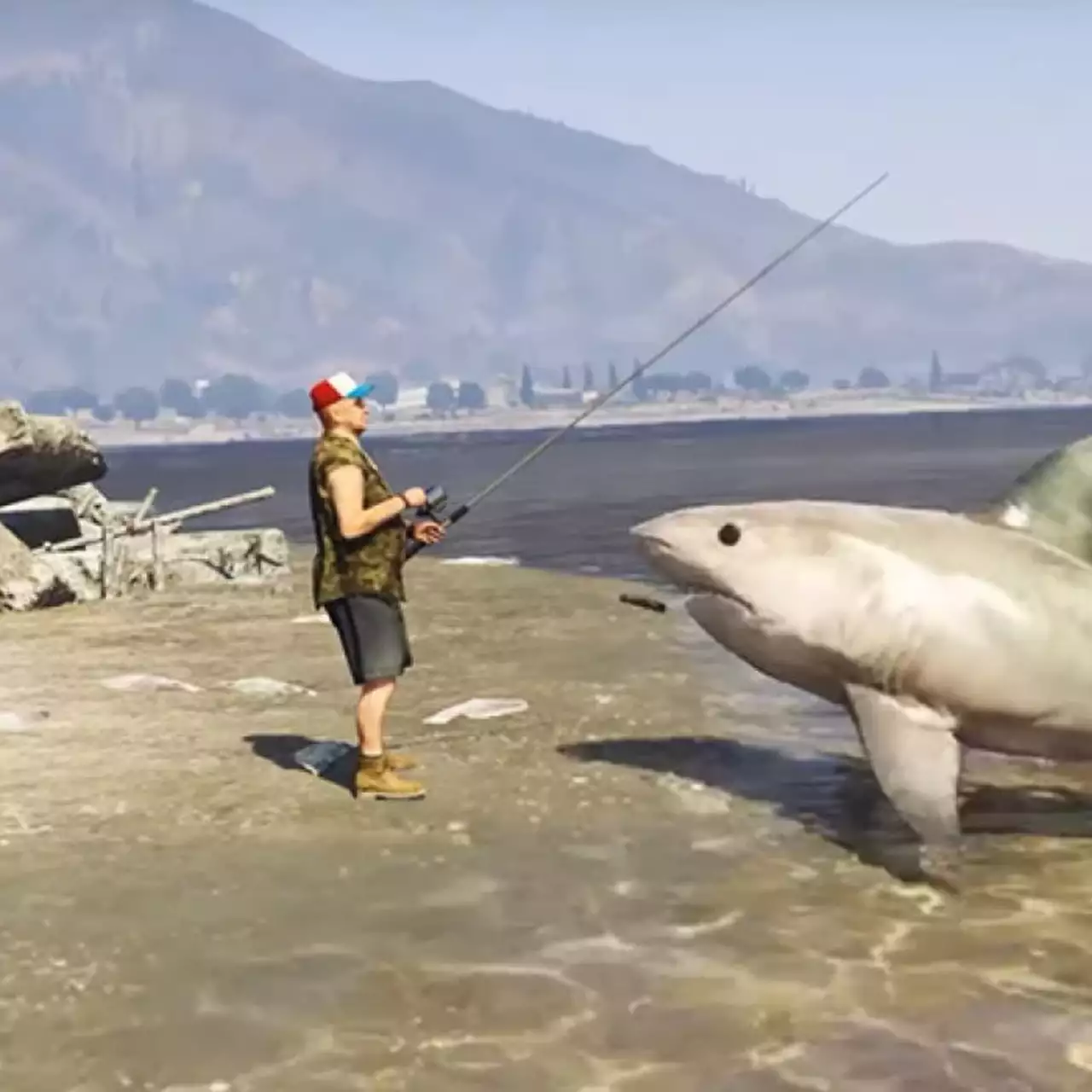 GTA 5 превращают в симулятор акулы. На видео показали, как она нападает на людей и говорит по телефону GTA 5 превращают в симулятор акулы. На видео показали, как она нападает на людей и говорит по телефону
